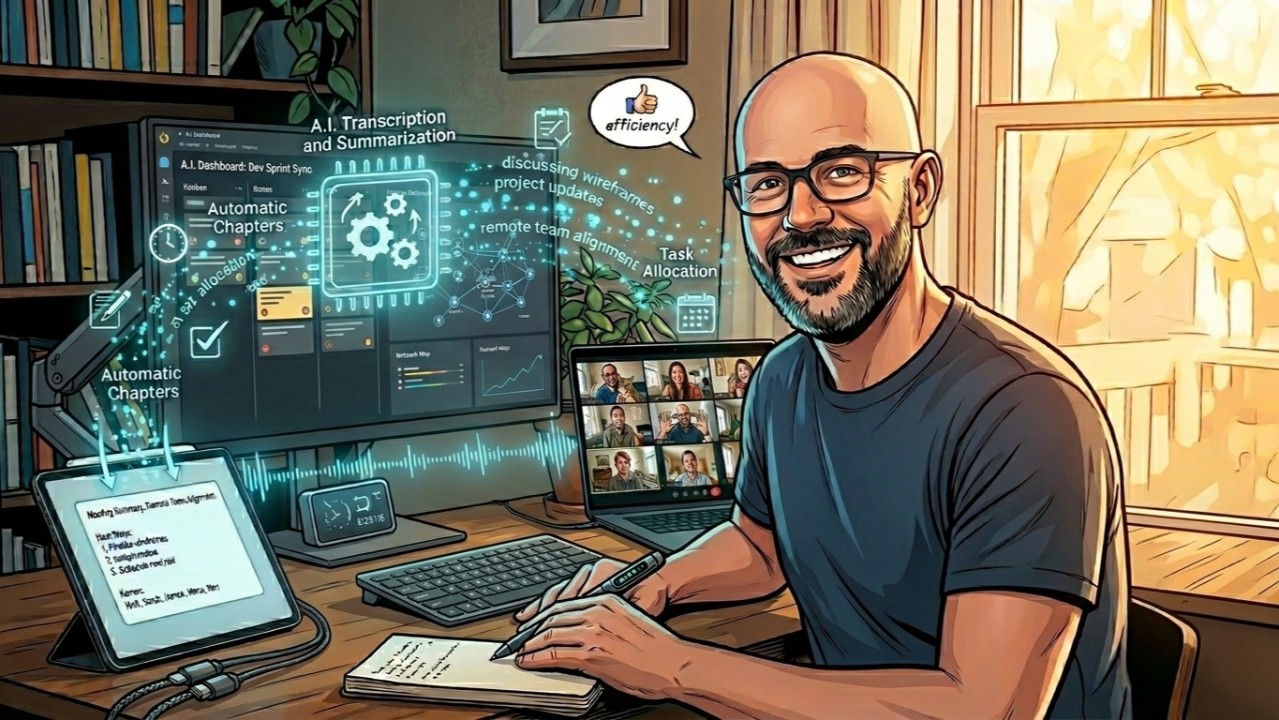Illustration of a desk setup: a monitor showing the meeting dashboard, a laptop on a video call with the team and a tablet showing the summary, with labels for automatic transcription, chapters and task allocation