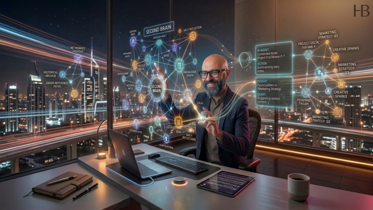 Illustration: a desk in a night-time office in front of a city skyline, with a holographic knowledge graph labelled Second Brain and panels showing an AI agent linking nodes, summarising the day's notes and suggesting related content