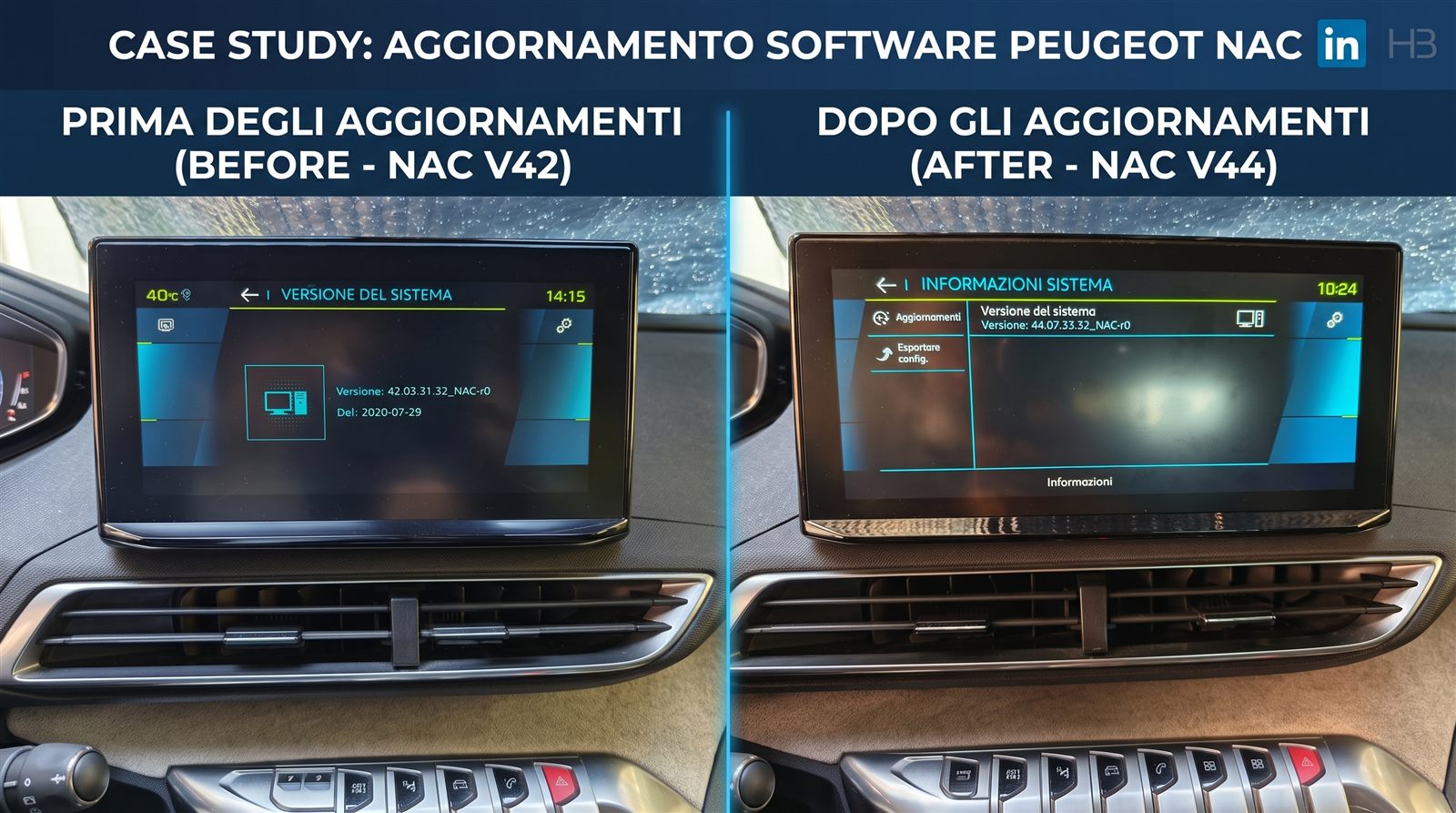Schermo infotainment Peugeot 3008 prima e dopo l'aggiornamento firmware NAC: versione 42.03.31.32 del 2020 a sinistra, versione 44.07.33.32 a destra